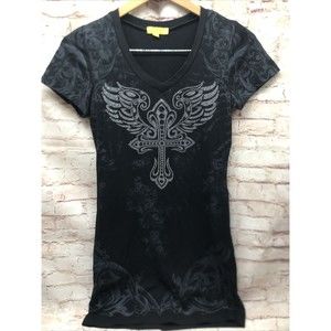 Laculture Womens 3/4 Tee Shirt Large V Neck Graphic Cross Wing Embellish Black